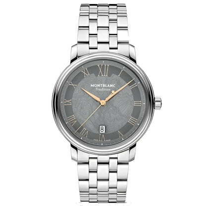 Montblanc tradition automatic con quadrante grigio topografico, lunetta doppia e cinturino acciaio silver