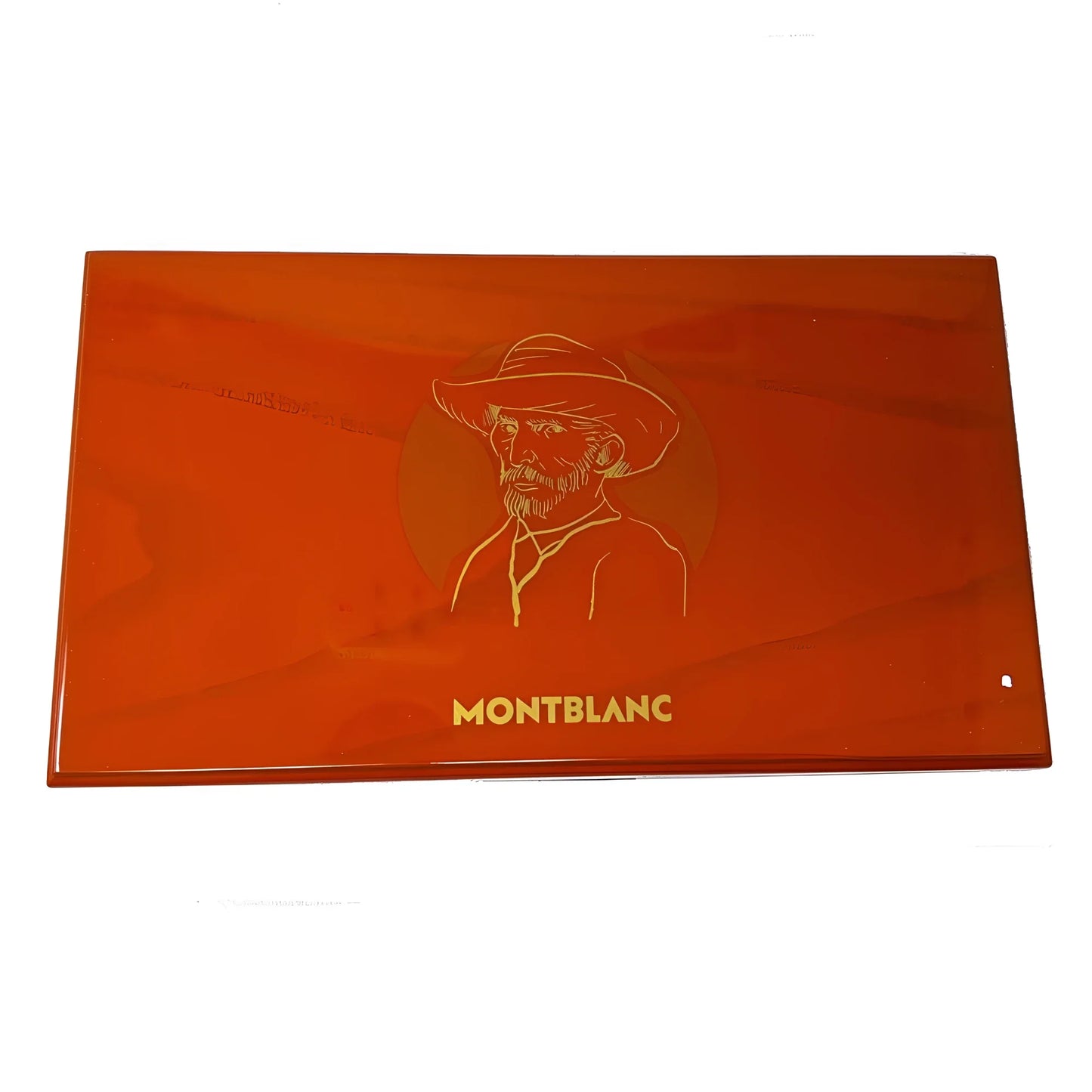 Elegante scatola da presentazione montblanc arancione lucida con ritratto inciso di vincent van gogh e logo raffinato