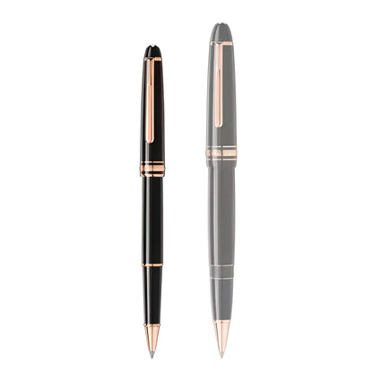 Due montblanc roller meisterstuck classique in pregiata resina nera e grigio opaco con dettagli in red gold
