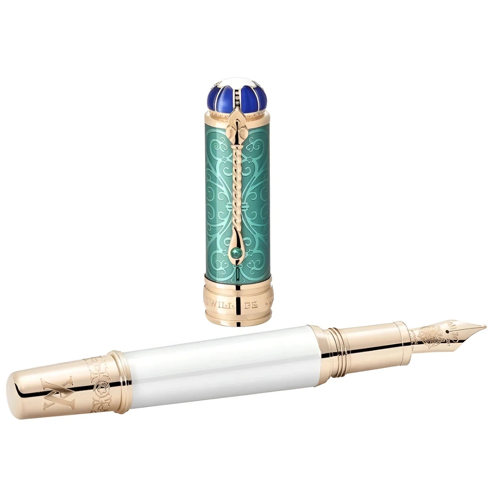 Montblanc patron stilografica oro esclusivo con corpo bianco e cappuccio smaltato turchese regina vittoria