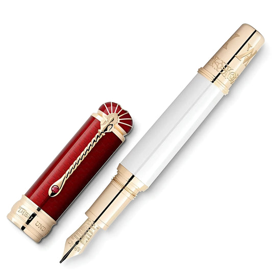 Montblanc patron stilografica homage to albert colore bianco perlato con dettagli oro e clip rossa inciso serpente