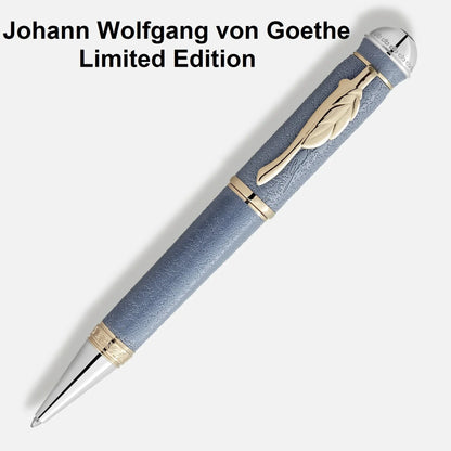 Montblanc penna sfera writers edition in edizione limitata blu con dettagli oro e clip a foglia von goethe