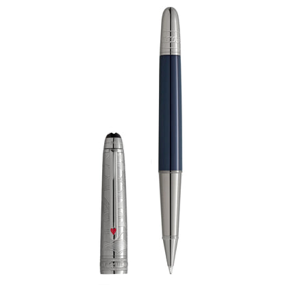 Montblanc roller doué classique meisterstück 148 rollerball pen with navy blue lacquer and silver accents around the world design