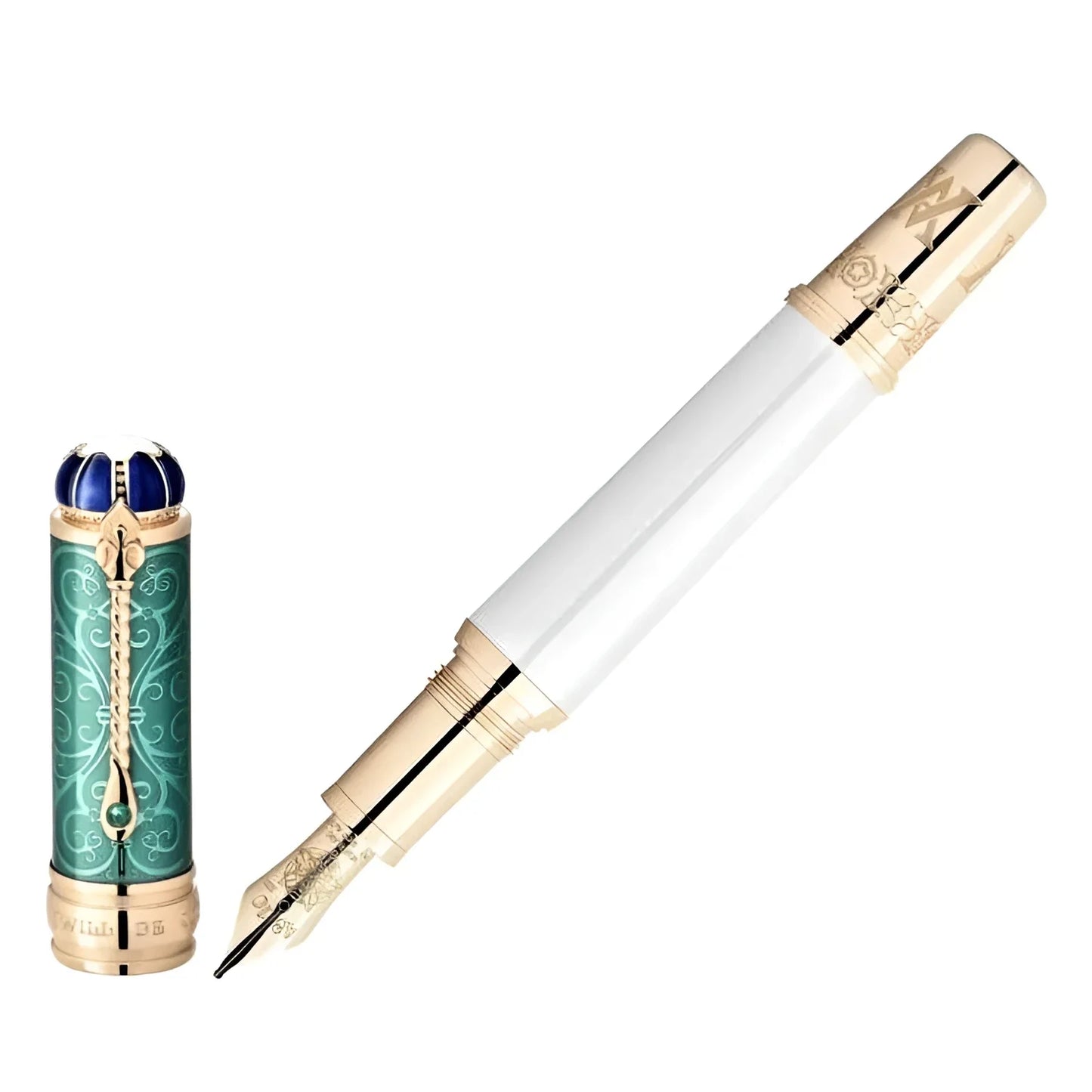 Montblanc patron stilografica oro esclusivo con cappuccio turchese intarsi floreali e gemma blu regina vittoria
