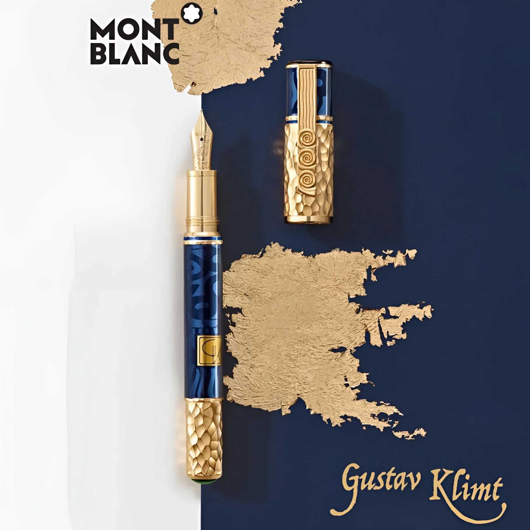 Stilografica montblanc masters of art homage to gustav klimt in blu con motivi foglia oro e dettagli oro testurizzati