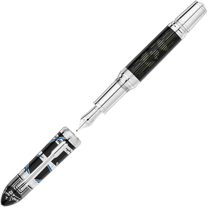 Montblanc stilografica great characters walt disney edizione limitata 1901 punta m con dettagli geometrici blu sul fusto nero e argento