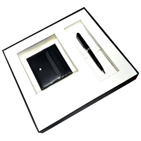 Black leather Montblanc set sfera with silver logo and 6cc Meisterstuck nera wallet and matching pen in gift box