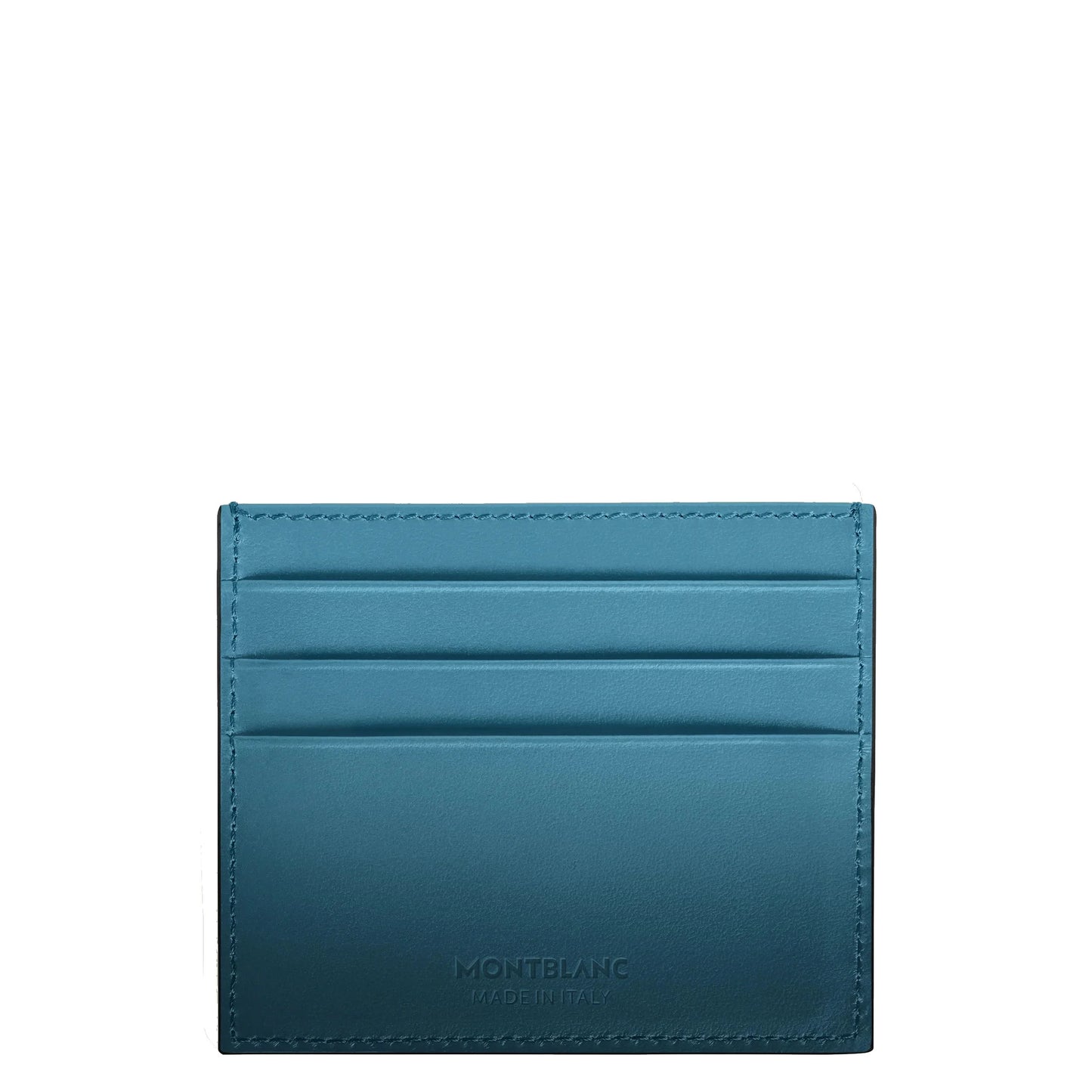 Porta carte meisterstück in pelle blu fumé con cuciture a vista e logo montblanc goffrato