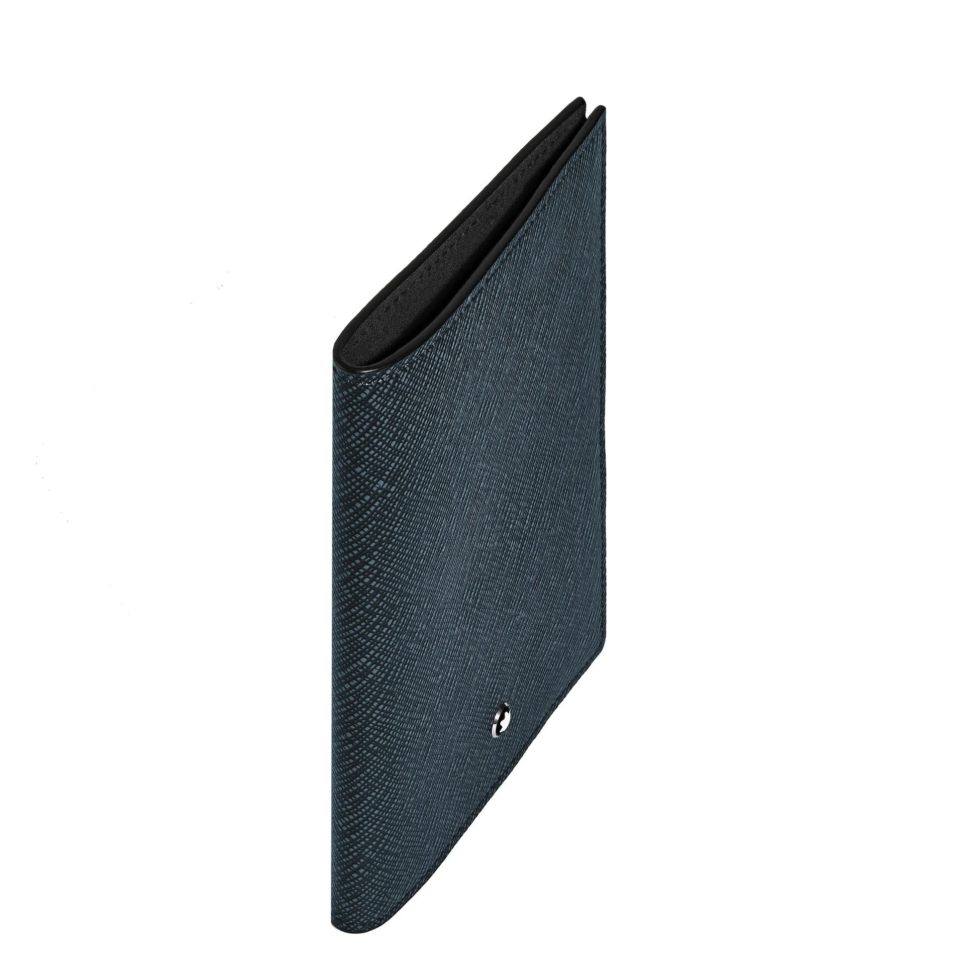 Montblanc custodia per passaporto in pelle sartorial goffrata blu con logo argento e finitura tweed blu