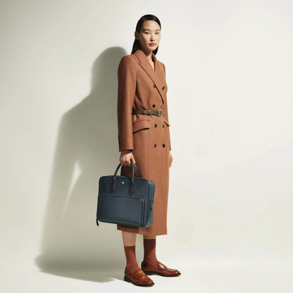 Montblanc borsa portadocumenti media in tweed blu con elegante cartella presenta capiente scomparto principale e manici neri in pelle