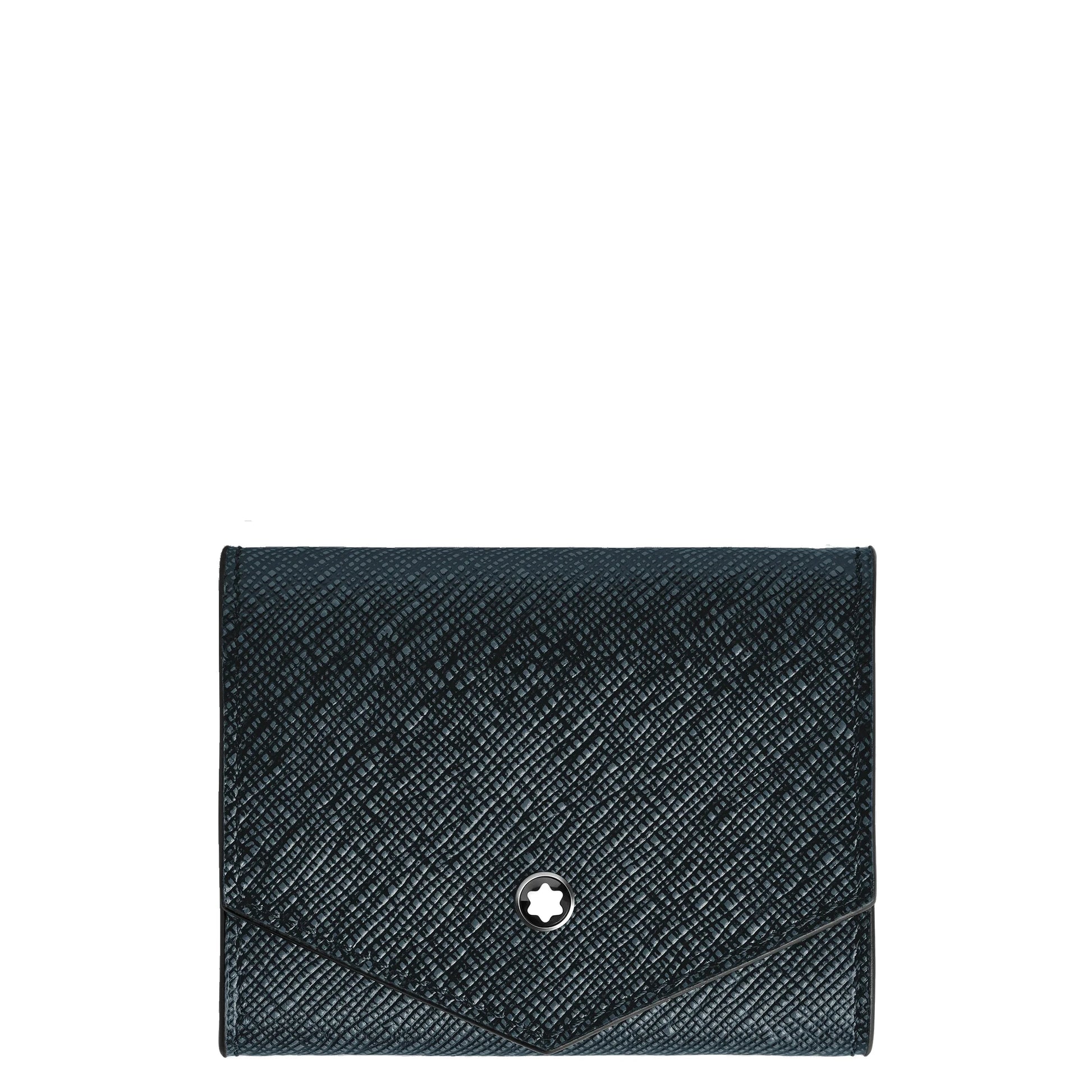 Portamonete montblanc pelle sartorial goffrata nero con chiusura a stella argento raffinata combinazione bicolore tweed blu