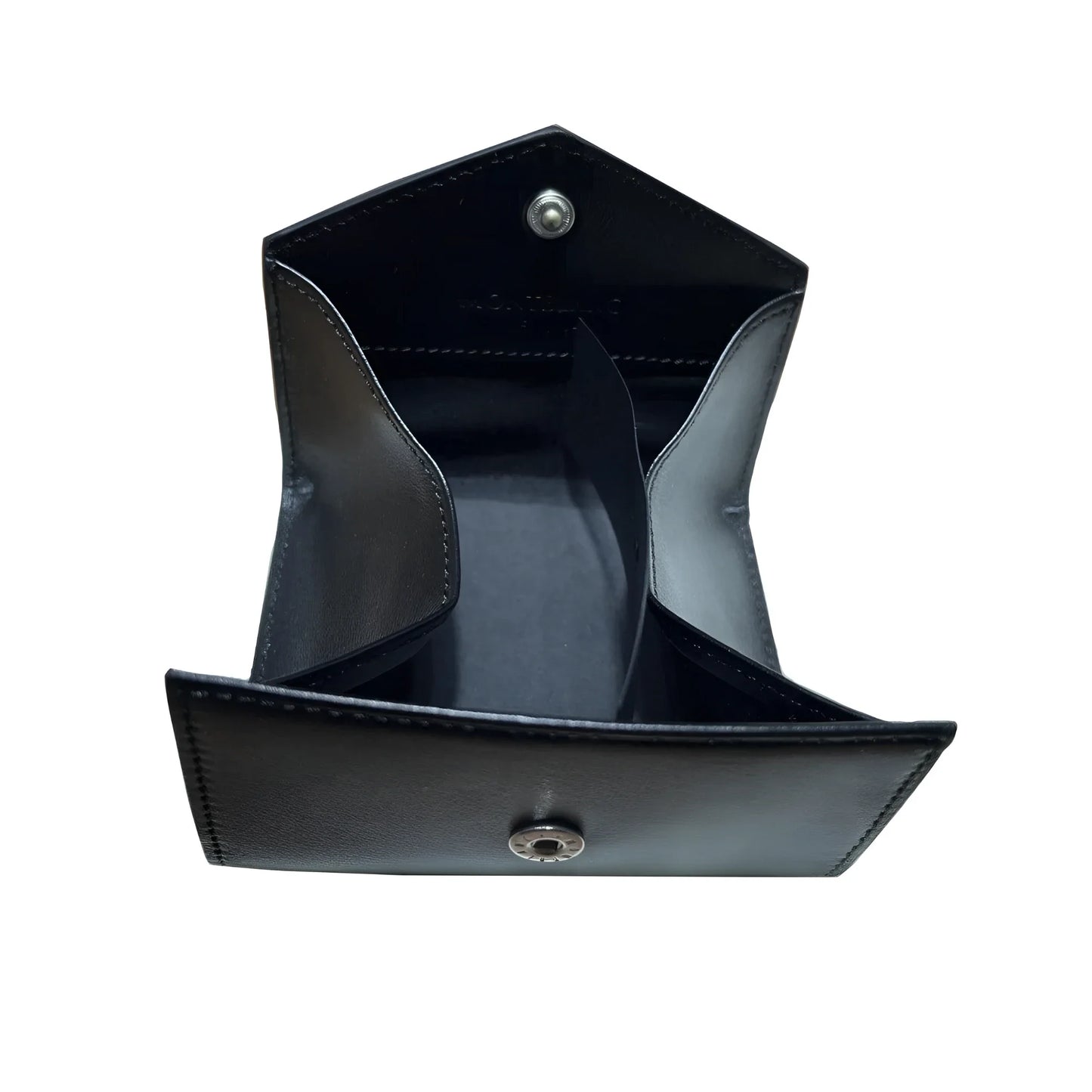 Black leather tri-fold portamonete meisterstück nero 198332 in morbida pelle liscia con bottoni a pressione argento