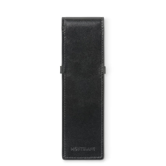 Montblanc astuccio in pelle lucida nero per 2 penne meisterstück con cuciture discrete e marchio a rilievo