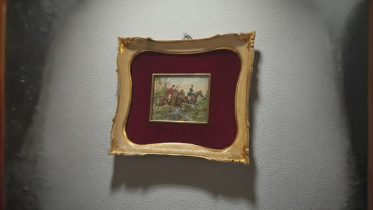 Miniatura olio su tela inglese XIX secolo, due cavalieri, cornice oro originale