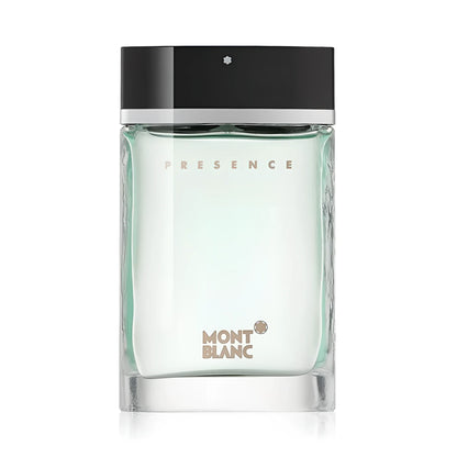 Bottiglia trasparente rettangolare di montblanc presence eau de toilette 75ml mb001a01 con liquido verde chiaro e tappo nero