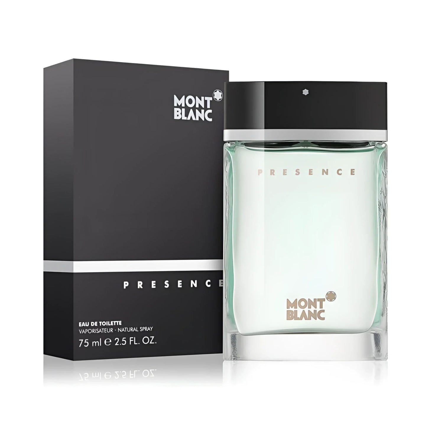 Montblanc presence eau de toilette 75ml mb001a01 in bottiglia di vetro trasparente con liquido verde chiaro e tappo nero