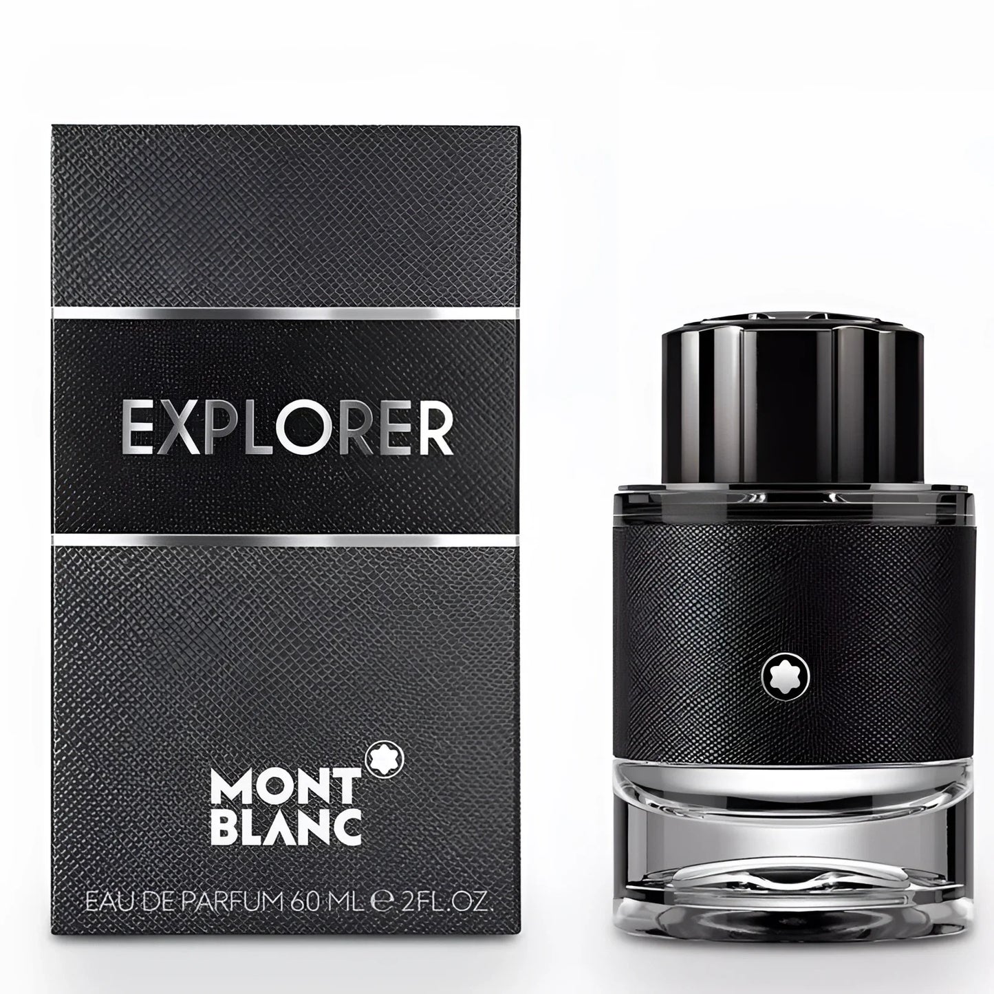 Montblanc explorer eau de parfum 60ml in bottiglia nera texturizzata con tappo lucido accanto alla confezione abbinata