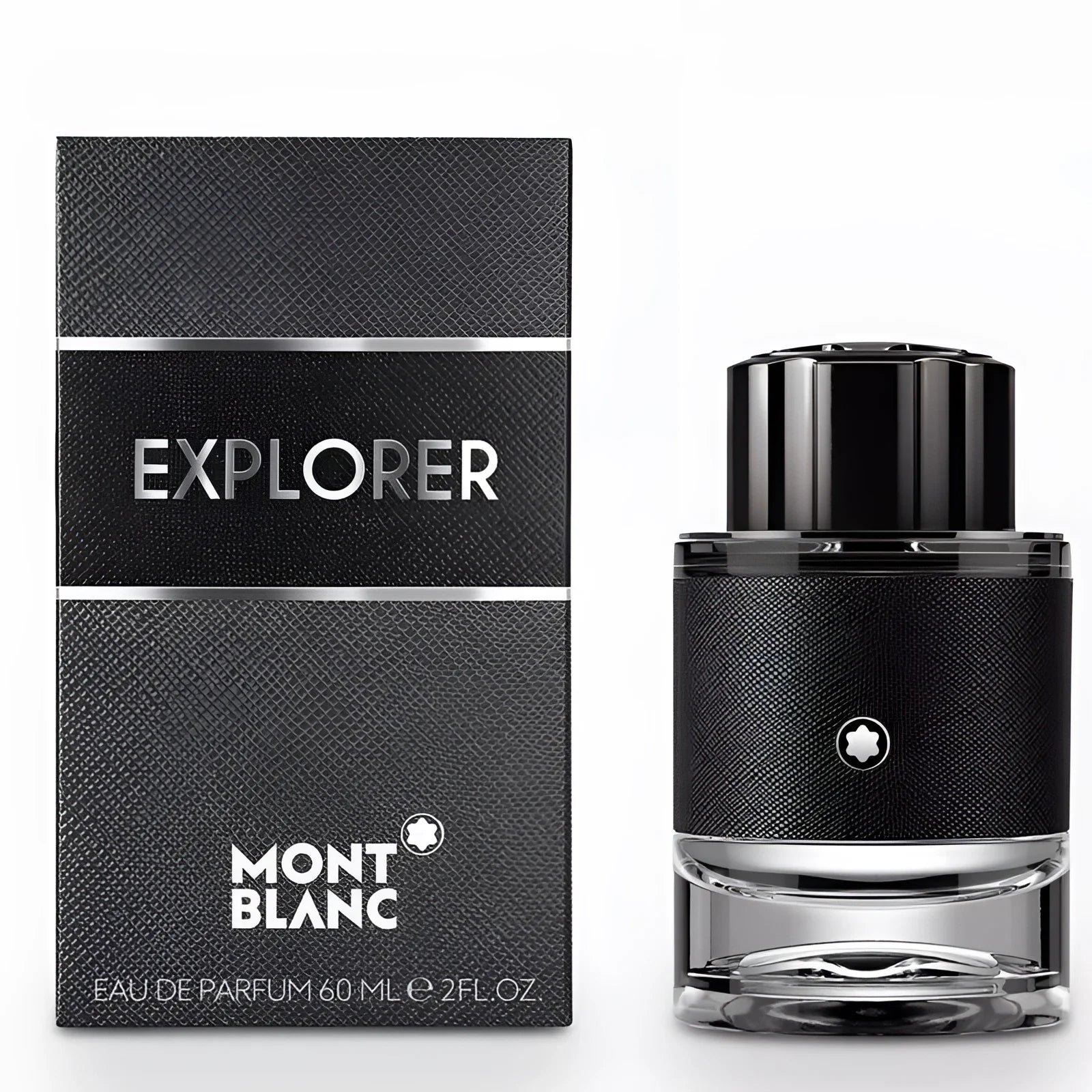 Montblanc explorer eau de parfum 60ml in bottiglia nera texturizzata con tappo lucido accanto alla confezione abbinata