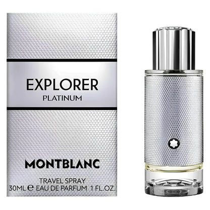 Montblanc explorer platinum eau de parfum 30ml in elegante flacone spray da viaggio in platino con tappo cromato lucido