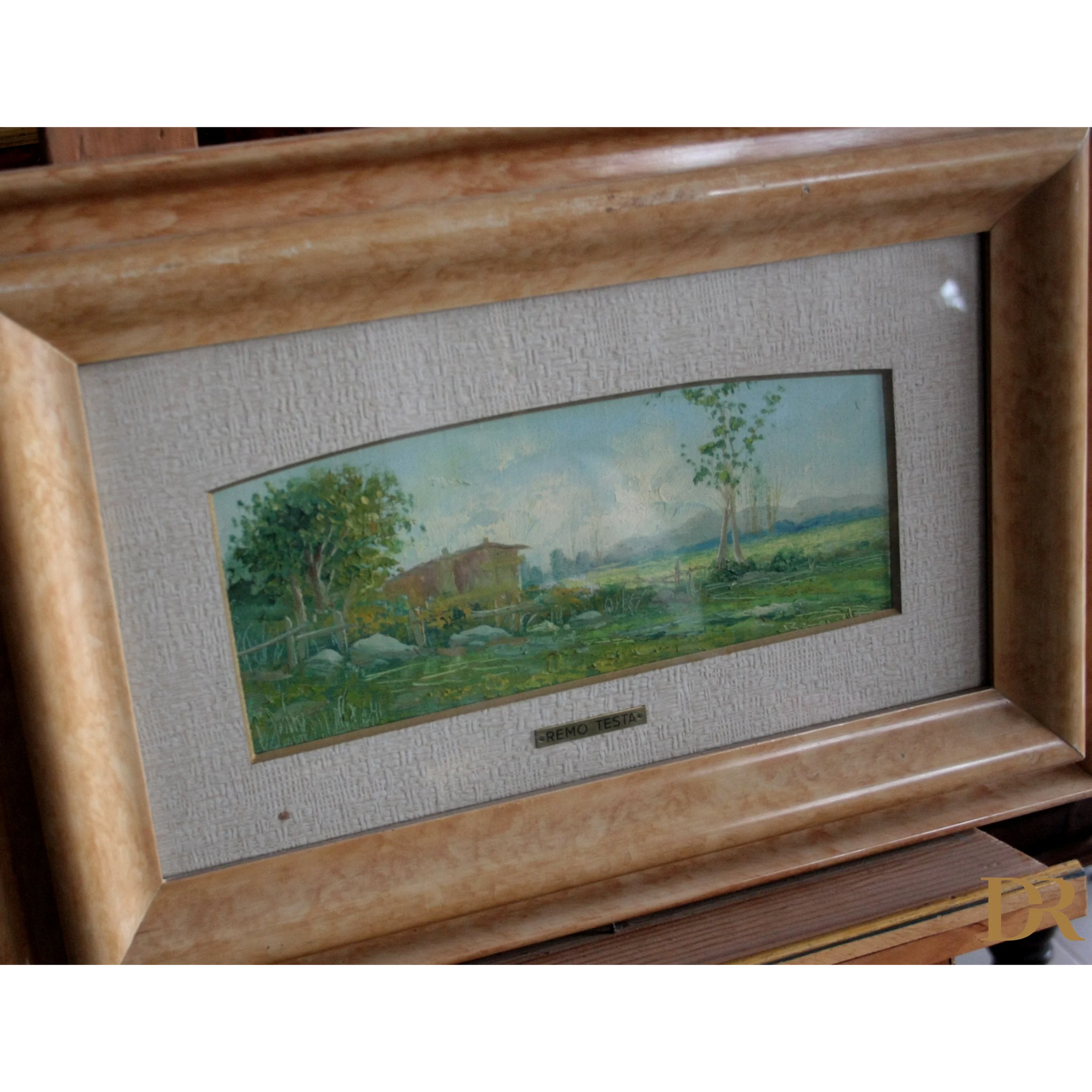 Dipinti italiani Remo Testa coppia di paesaggi marino e campestre in cornice elegante