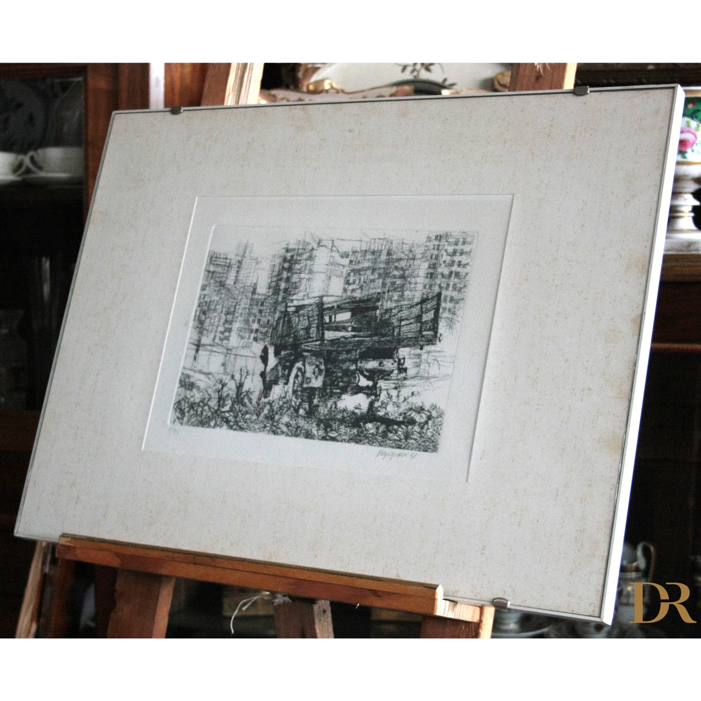 Stampa in bianco e nero di un camion di Renzo Vespignani Italiano con cornice