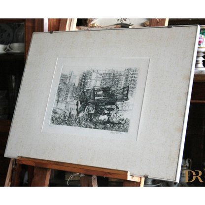 Stampa in bianco e nero di un camion di Renzo Vespignani Italiano con cornice