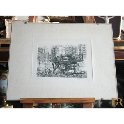 Framed black and white drawing of a truck by Renzo Vespignani Italiano, dimensioni quadro appropriate