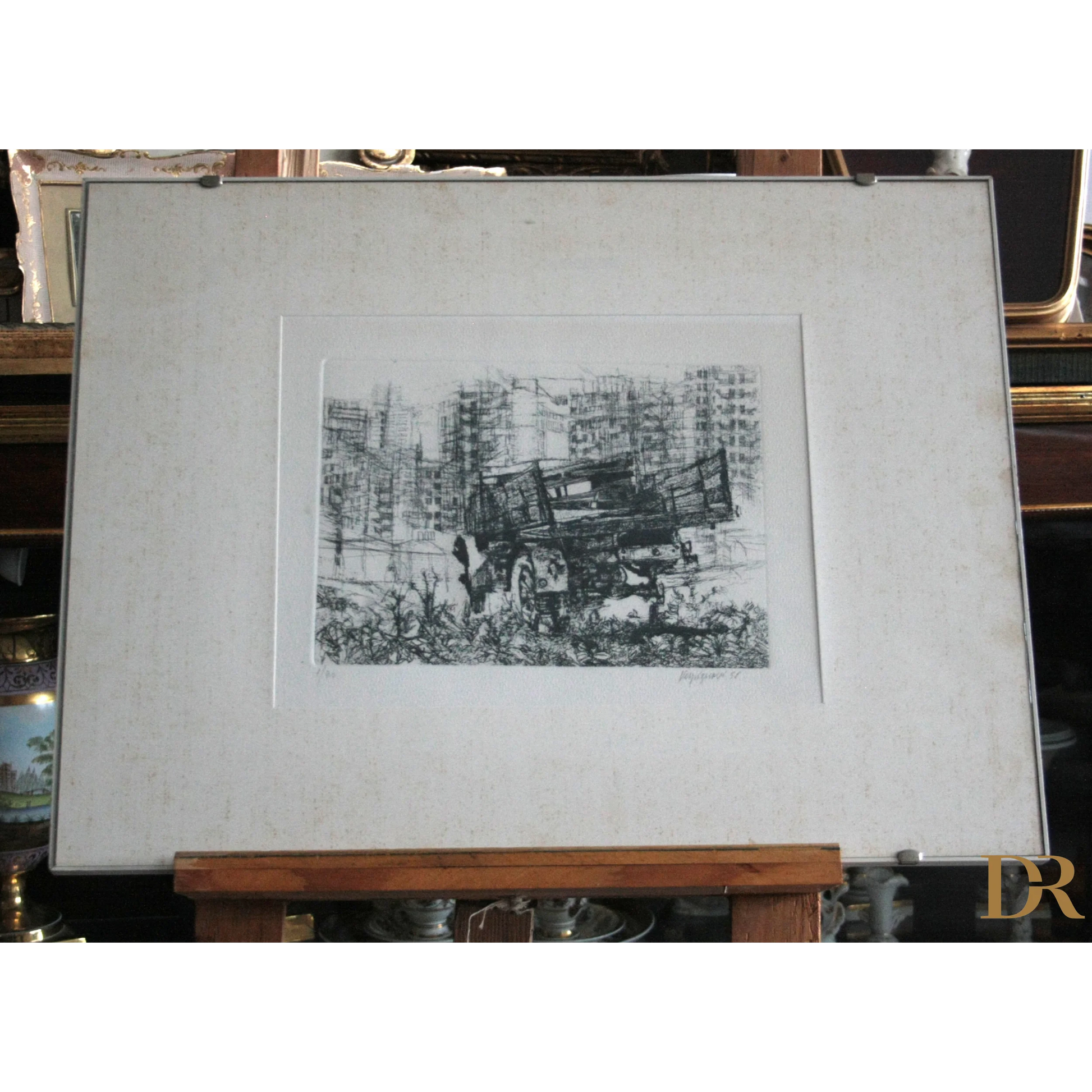 Immagine di una stampa in bianco e nero incorniciata di Renzo Vespignani Italiano