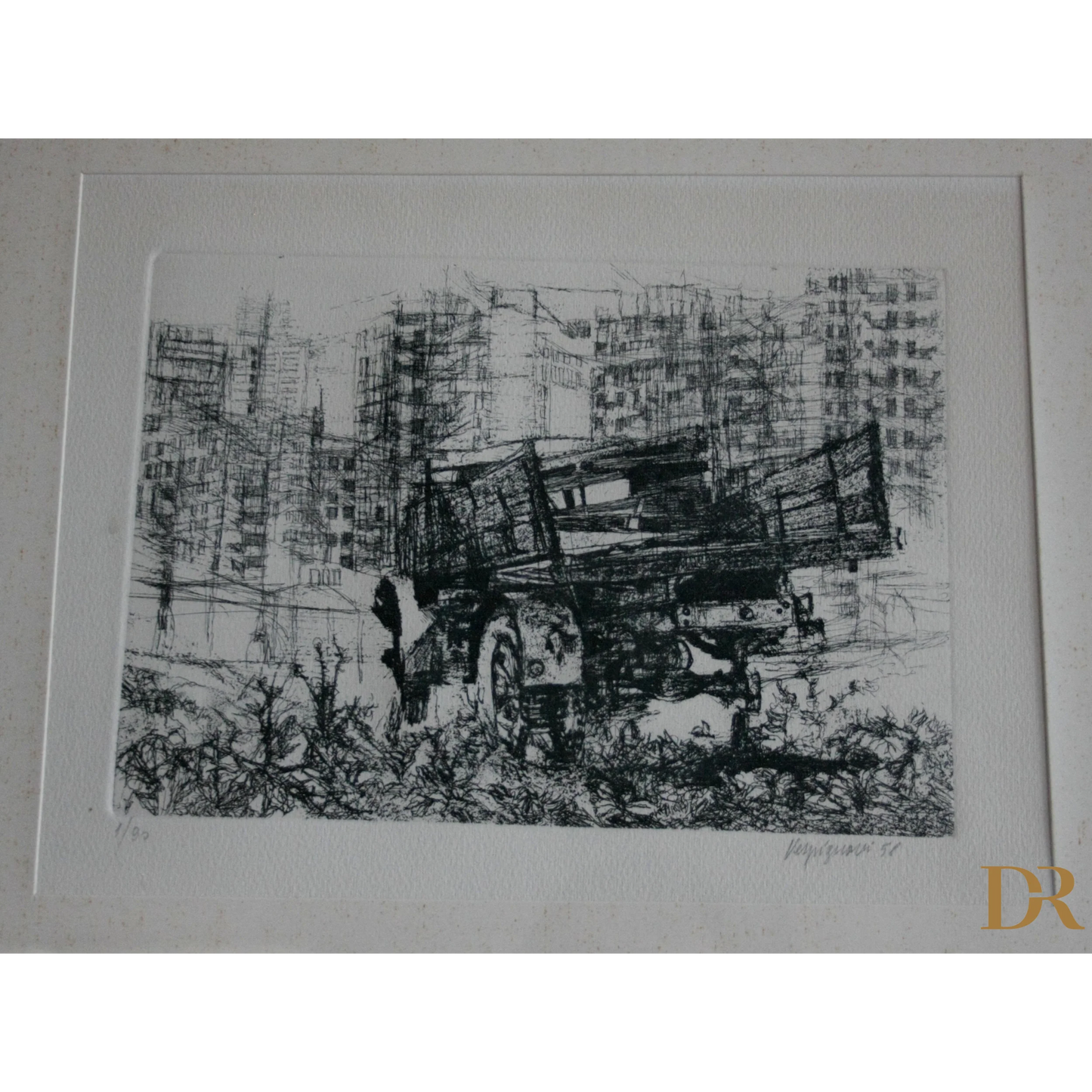 Monochrome truck etching by Renzo Vespignani Italiano, dimensioni quadro 1956