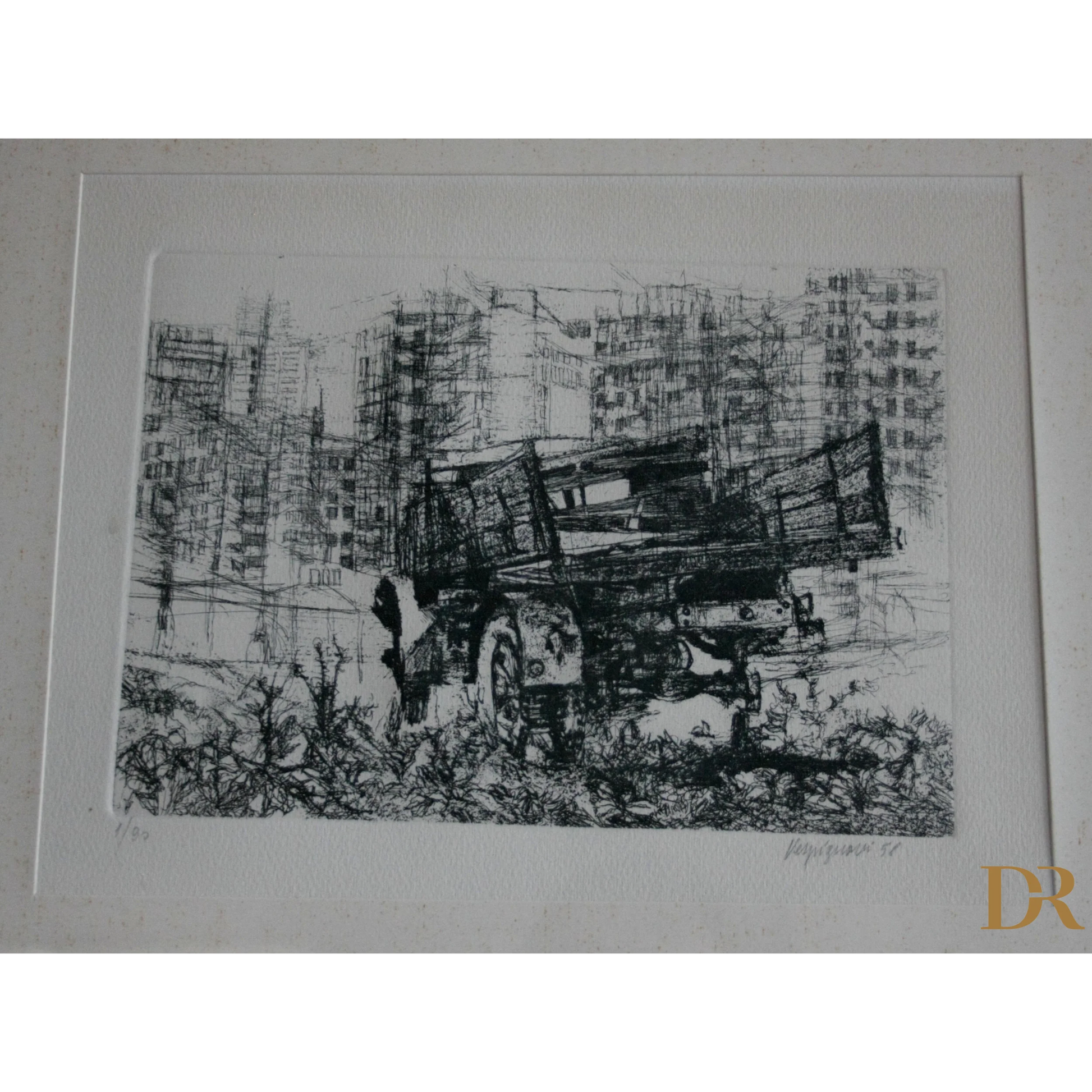 Monochrome truck etching by Renzo Vespignani Italiano, dimensioni quadro 1956