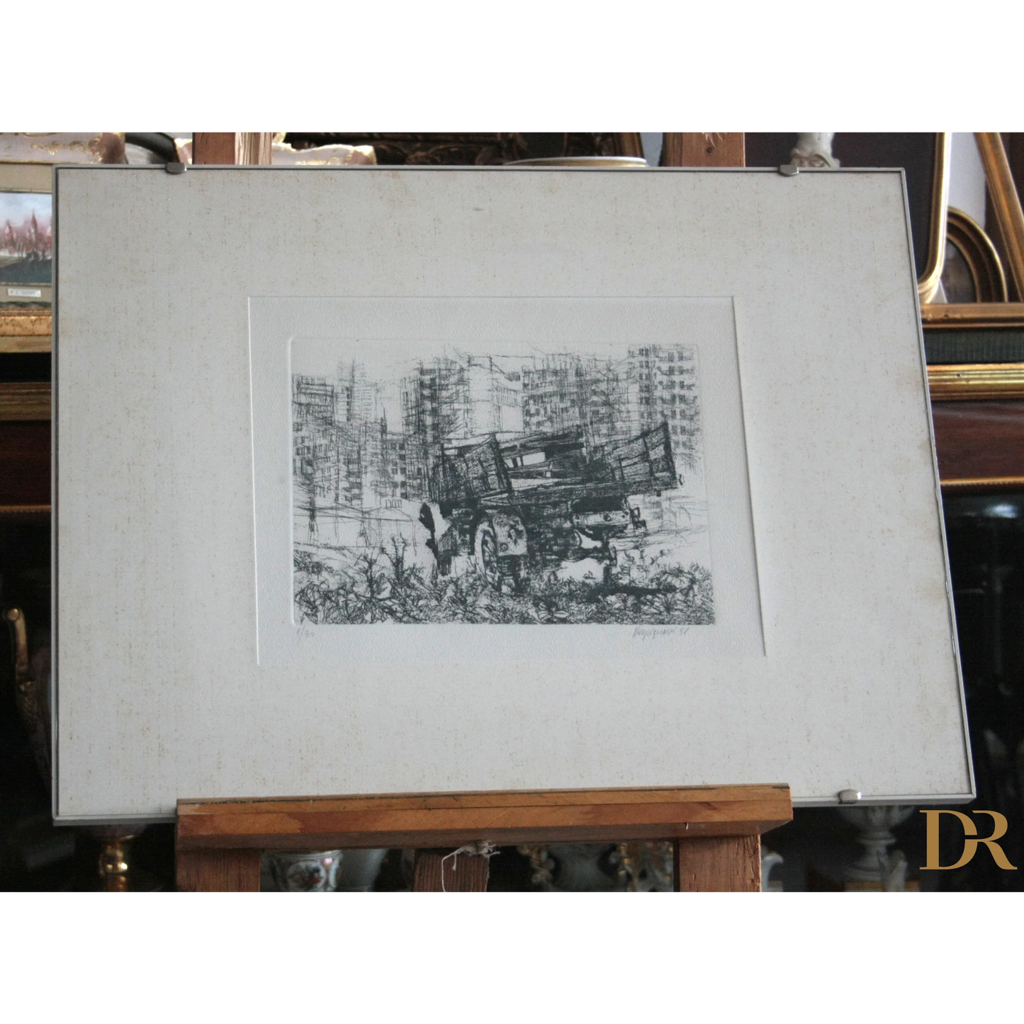 Riproduzione di un disegno in bianco e nero di Renzo Vespignani Italiano Camion in periferia