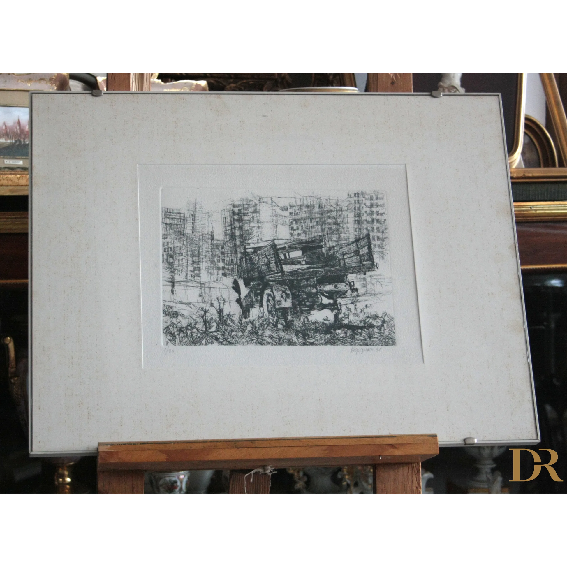 Riproduzione di un disegno in bianco e nero di Renzo Vespignani Italiano Camion in periferia