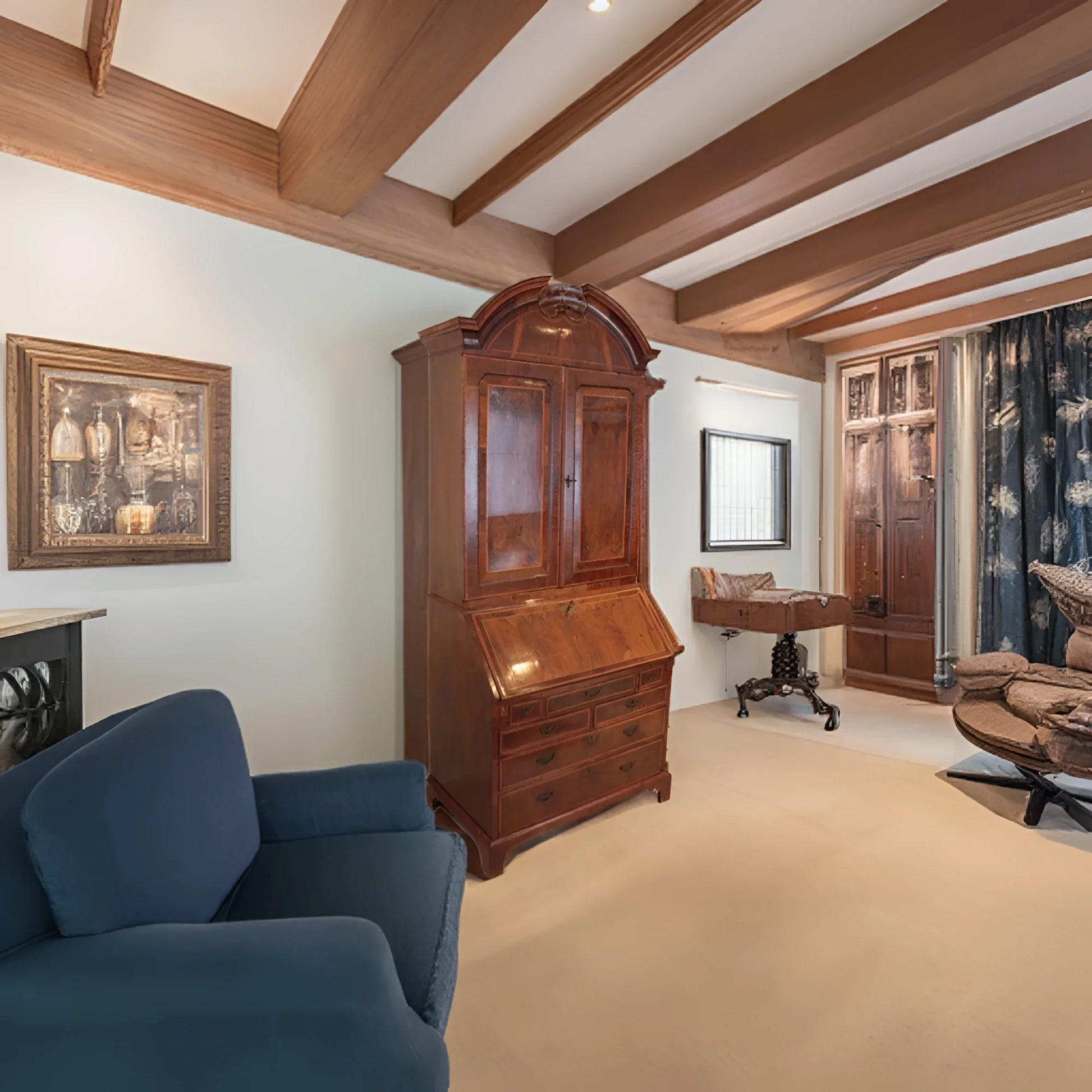 Splendido trumeaux luigi xvi in legno di noce con piano ribaltabile e numerosi cassetti antiquariato vintage inglese