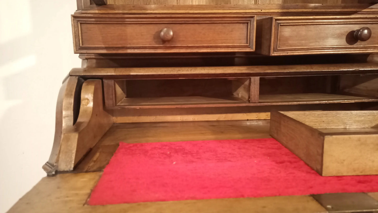 Scrivania credenza in rovere massello con cassetti e supporti laterali curvi restaurata ottocento xix secolo