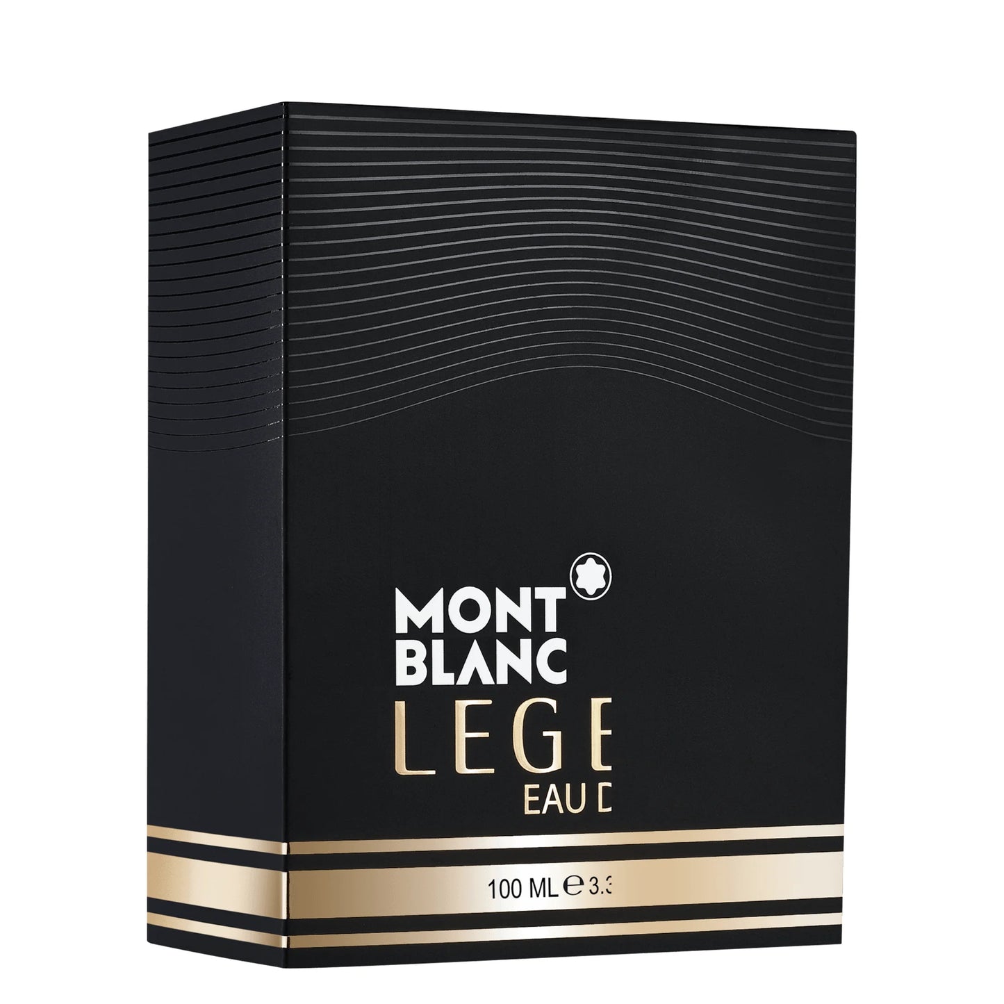 Scatola rettangolare nera con strisce orizzontali oro e lettering bianco e oro per montblanc legend eau de parfum 100ml raffinatezza all’uomo attivo