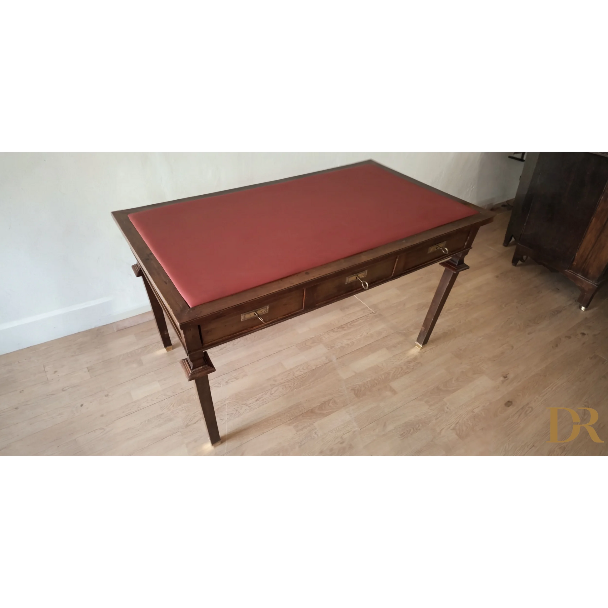 Scrivania Vintage Stile Impero ottocento Noce con piano in pelle rossa e cassetti