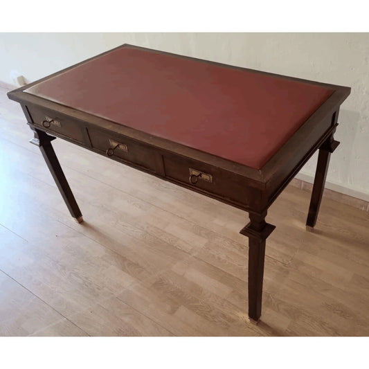 Scrivania stile impero in noce con piano in pelle rossa e due cassetti dettagli in ottone ottocento