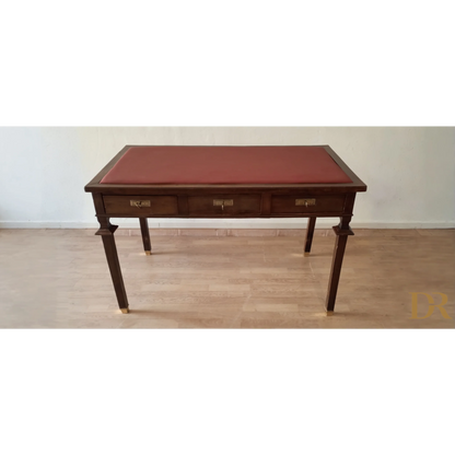 Scrivania stile Impero Ottocento in noce con piano in pelle rossa e hardware in ottone