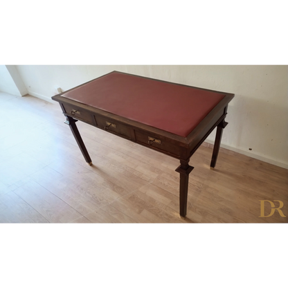 Scrivania Vintage Stile Impero ottocento in noce con piano in pelle rossa e tre cassetti