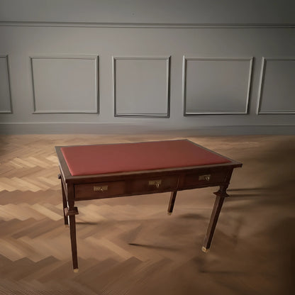 Scrivania stile impero in noce con piano in pelle rosso e piedini in ottone elegante e vintage