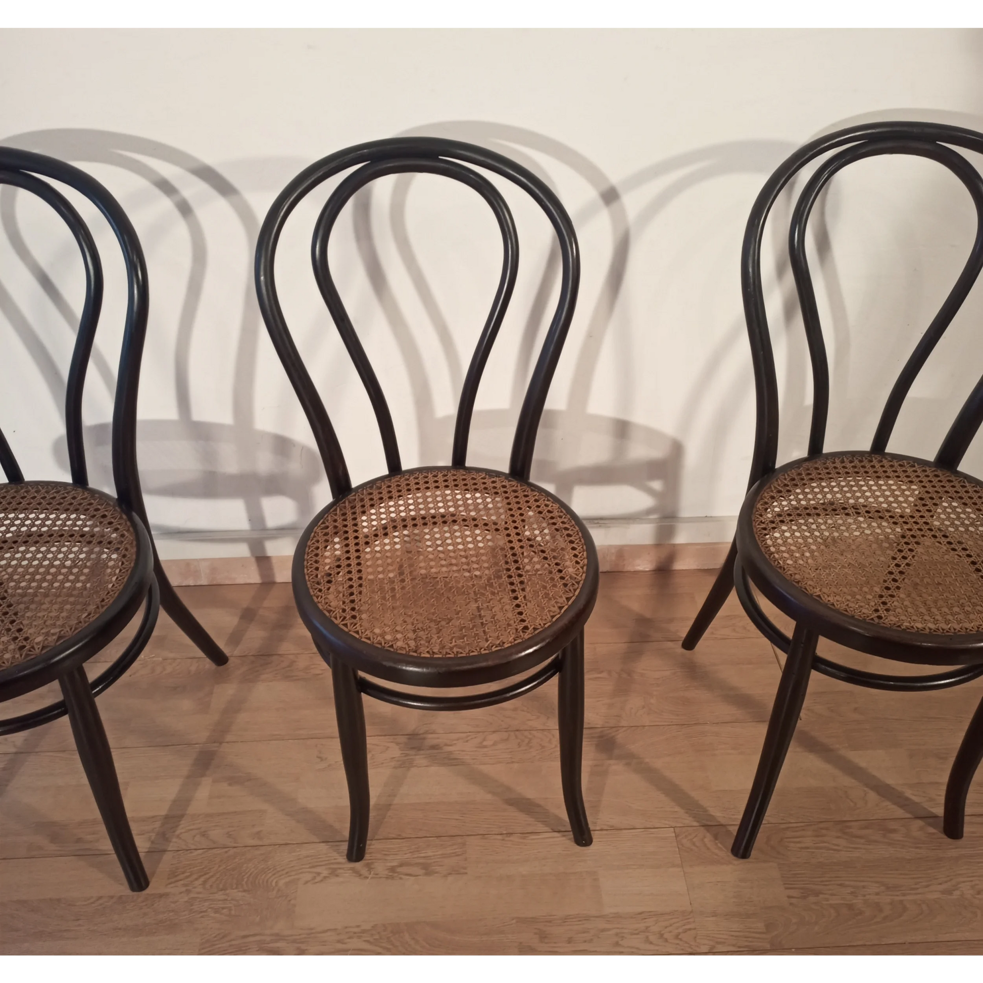 Tre sedie in faggio curvato nello stile di Thonet Italia, set elegante e sofisticato