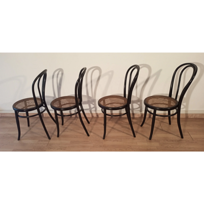 Quattro sedie da pranzo in faggio curvato, stile Thonet Italia, set elegante