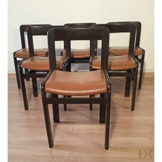 Set di sedie vintage brutaliste anni ’70 con sedili in pelle marrone