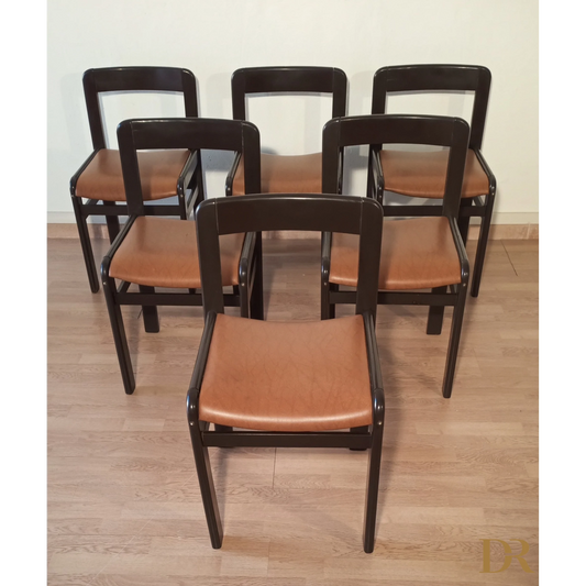 Set di sei sedie da pranzo vintage in legno scuro con sedili in pelle tan