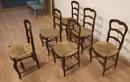 Set di 6 sedie provenzali rustiche con seduta intrecciata in rovere massello ottocento restaurate in ottime condizioni