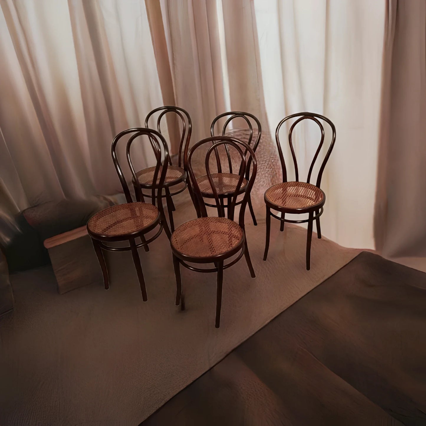 Set di sei sedie stile thonet drava con sedili in cannella in legno curvato di colore naturale