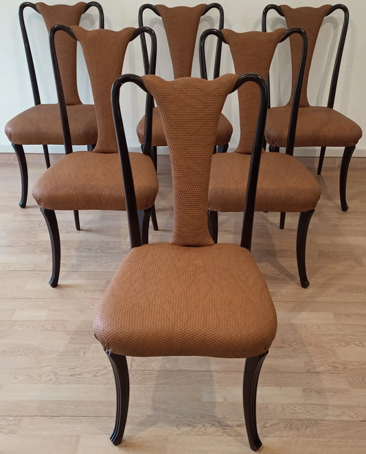 Set di sei sedie pranzo vintage con imbottitura marrone e struttura curva in legno nero design anni 50 restaurate