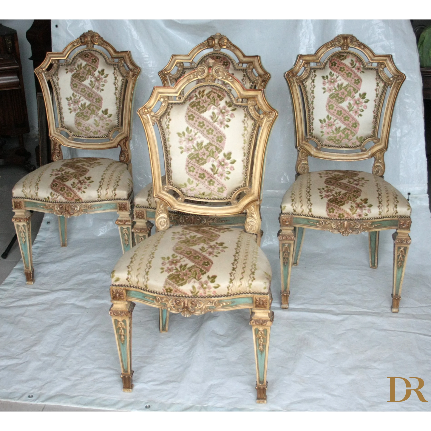 Set di 4 sedie Napoleone III seconda metà ottocento con tappezzeria floreale ornata