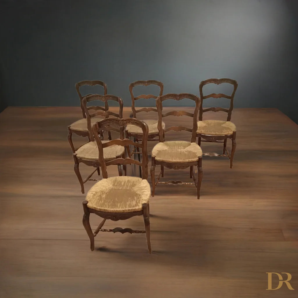Set 6 sedie provenzali rustiche in rovere massello ottocento con sedili intrecciati