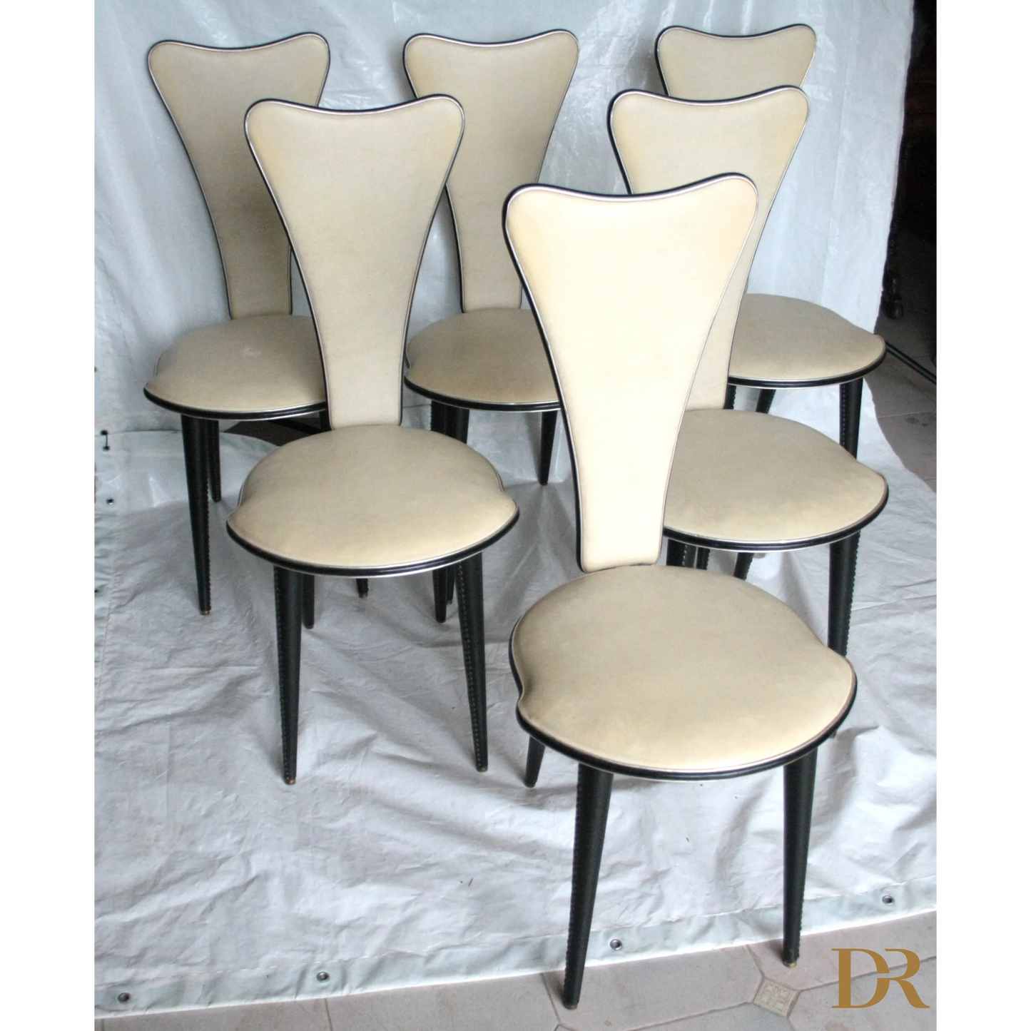 Set di sei sedie Umberto Mascagni anni 60 in cream colore, sedie Umberto Mascagni